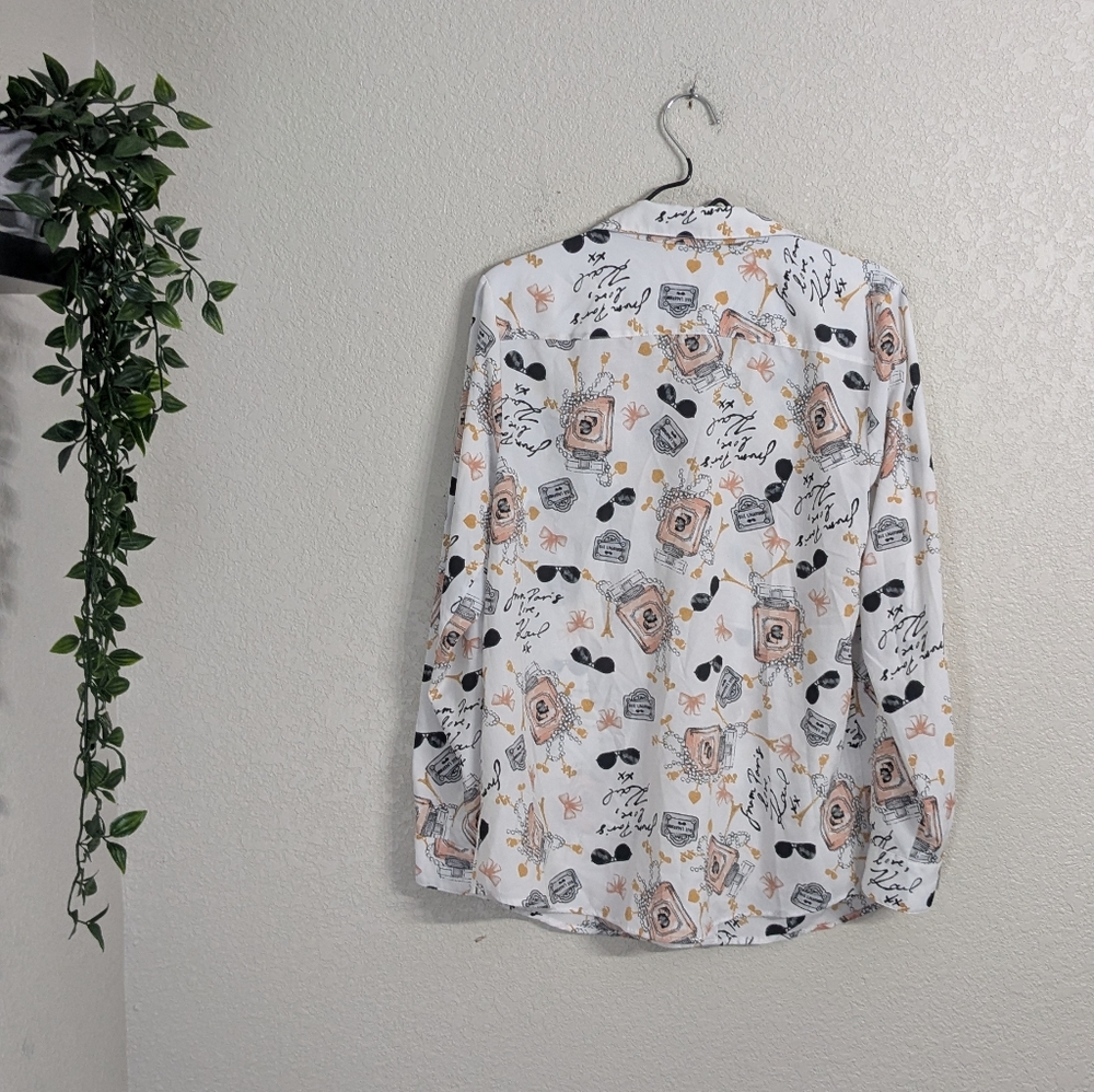 Karl Lagerfeld Paris Whimsical Signature-Printed Blouse Long Roll-Tab Sleeves L - Picture 2 of 12